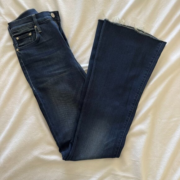 MOTHER Jeans; The Weekender Fray; Size 26; Tongue in Cheek Dark Blue Flare Jeans - Picture 1 of 9